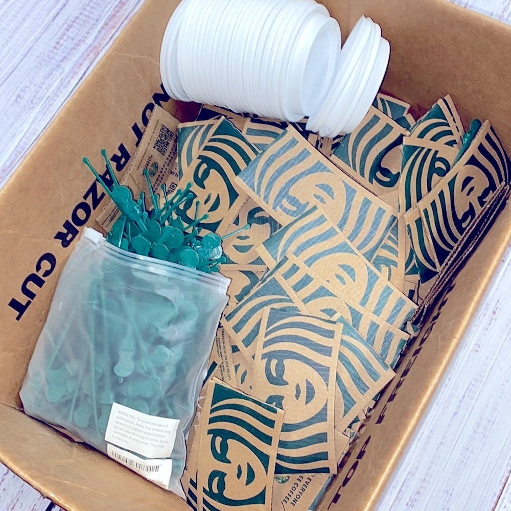 Starbucks coffee lids, stoppers and sleeves